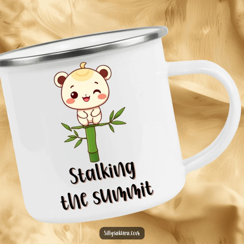 Funny camping mug with a character balancing on bamboo, perfect for enjoying coffee with zen-like focus in nature.