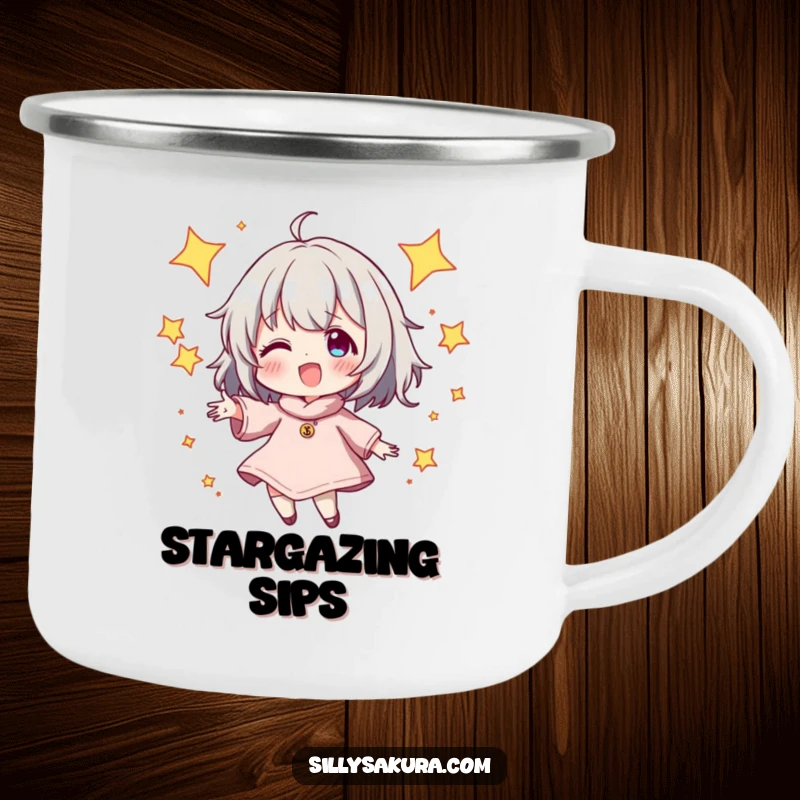 Funny Camping Mug with a character energetically juggling sparkling stars, perfect for outdoor adventures and spreading cosmic humor, a great funny gift.
