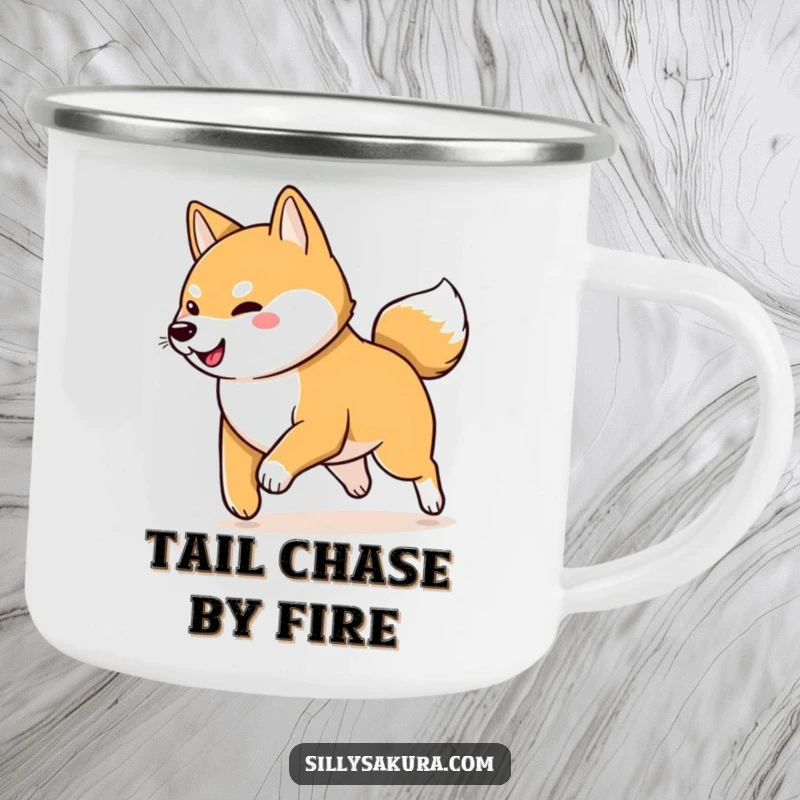 Funny Shiba Inu Camping Mug: A playful Shiba Inu character chasing its wagging tail, perfect for outdoor drinks and humorous vibes.