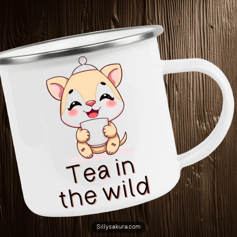 Funny smiling character balancing a teacup on its nose, depicted on a sturdy camping mug for steady outdoor enjoyment.