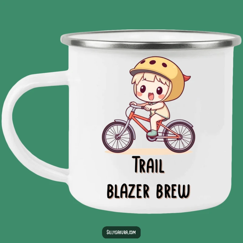 Funny Enamel Mug: Character's Bike Ride Adventure, Rustic and Hilarious Gift