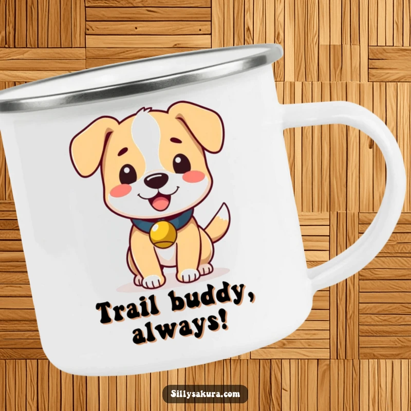 Funny camping mug with a cute dog wearing a small bell, wagging its tail joyfully amidst nature.