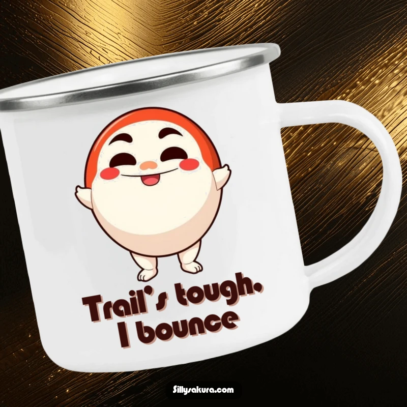 Funny camping mug featuring a determined Daruma doll character smiling bravely, perfect for outdoor inspiration and humor.