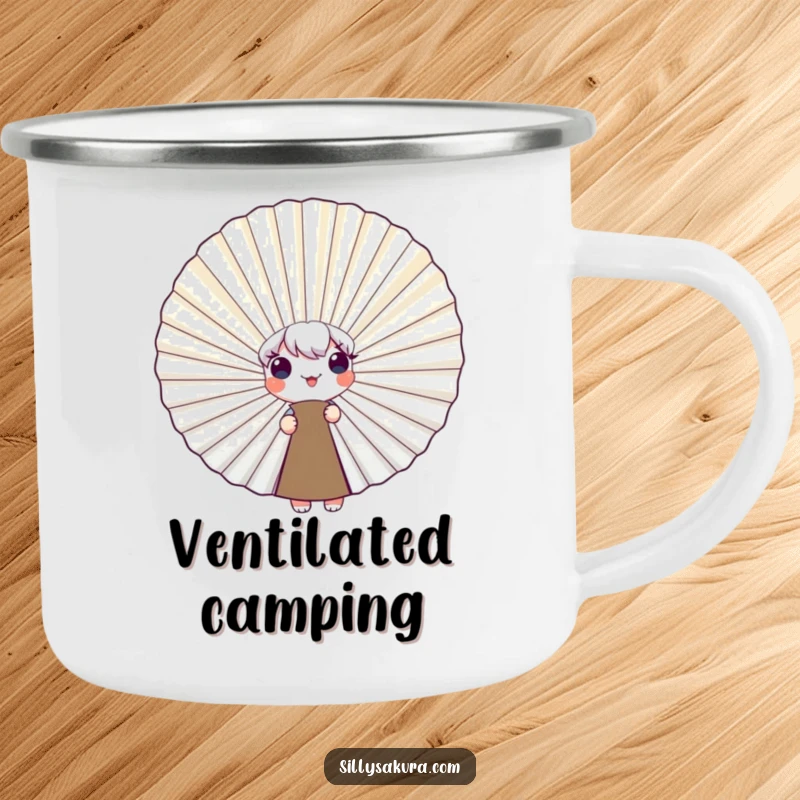 Funny Camping Mug with a shy character adorably peeking from behind a smiling fan, perfect for outdoor adventures and spreading cute humor, a great gift.