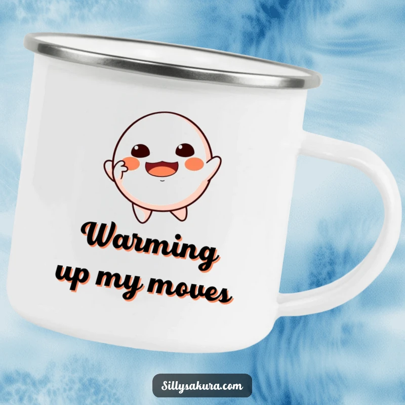 Funny Floating Daruma Camping Mug showing a Daruma doll character joyfully dancing while floating, ready for the wild.
