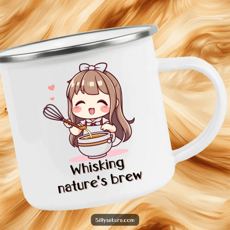 Funny Kawaii camping mug with a cute character enthusiastically whisking tea, perfect for enjoying brews outdoors.