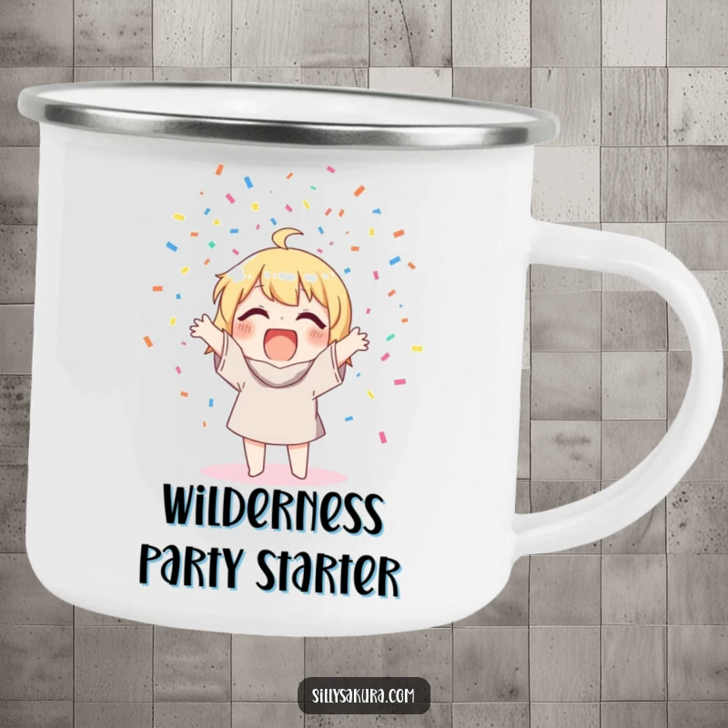 Funny Camping Mug: A cheerful character tossing confetti, ready for outdoor adventures and festive moments.