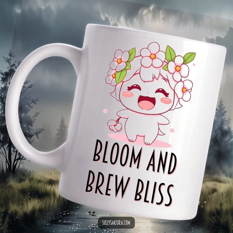 Funny mug featuring a stylized cherry blossom character with a huge, wide smile, radiating happiness and floral charm.