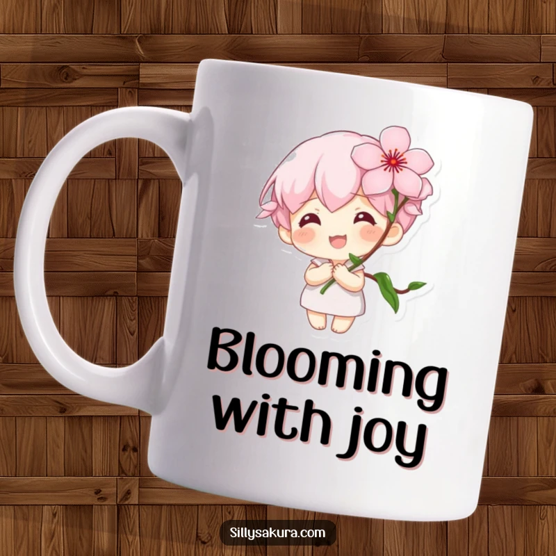 Funny Mug: A tiny character with a huge smile holds a beautiful blooming cherry blossom, radiating happiness.