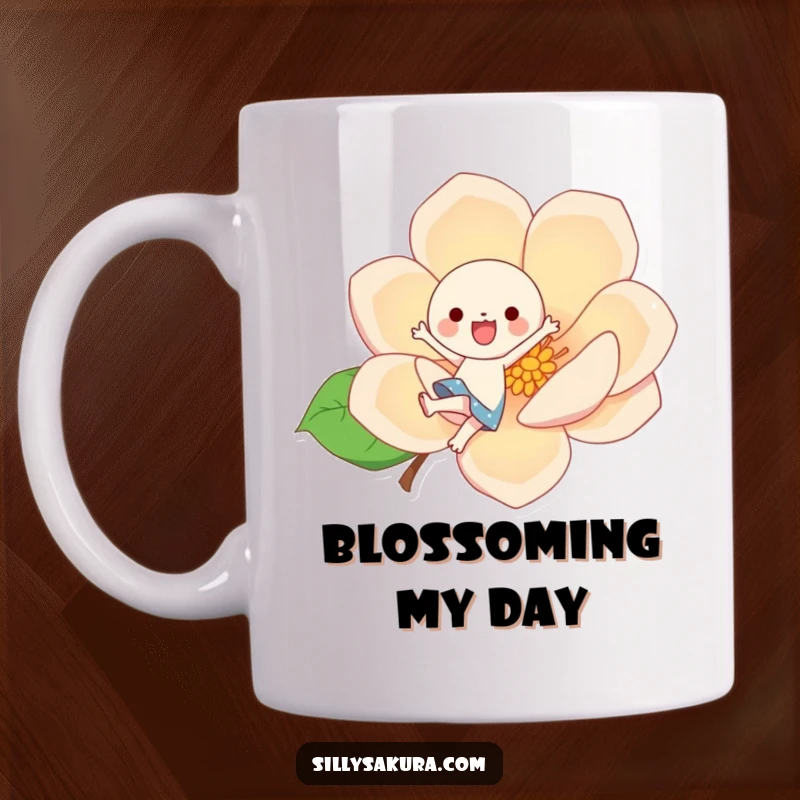 Funny kawaii character in mid-air joyfully kicking a giant, stylized blossom, depicted on a cheerful mug.