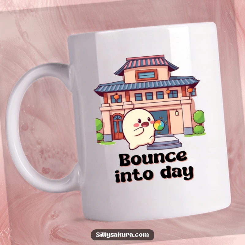 Funny Mug showing a rounded character playfully bouncing a colorful ball against a building, a humorous gift.
