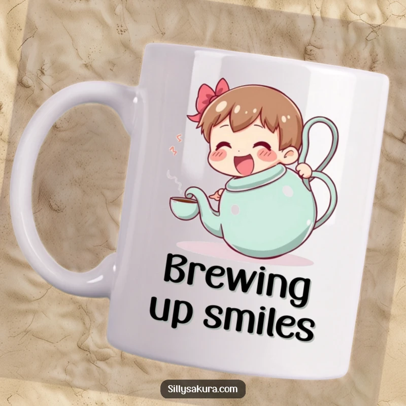 Funny mug: a joyful character attempts to serve tea from a huge, wobbling teapot, showcasing playful clumsiness and good intentions.