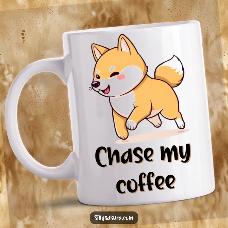 Funny Shiba Inu Mug featuring a playful Shiba Inu character chasing its own wagging tail, embodying pure fun and energetic silliness.