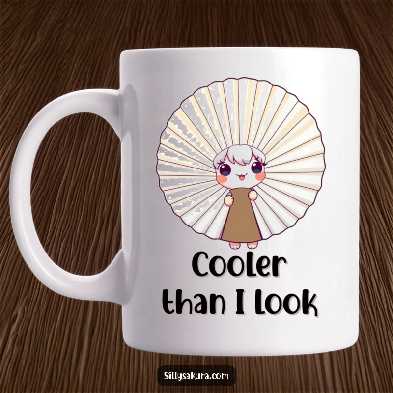 Funny Mug with a cute character adorably peeking from behind a giant, smiling fan, full of playful charm and humor, a great gift.