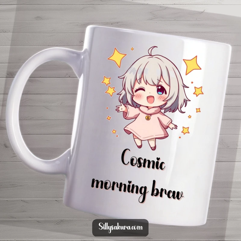 Funny Mug depicting a character energetically juggling sparkling stars, evoking a sense of wonder and playful magic, a perfect humorous gift.