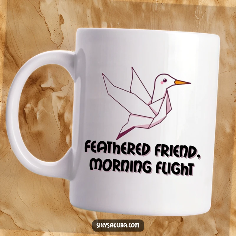 Funny origami crane mug with a giggling character soaring joyfully through the air, spreading happiness and laughter.