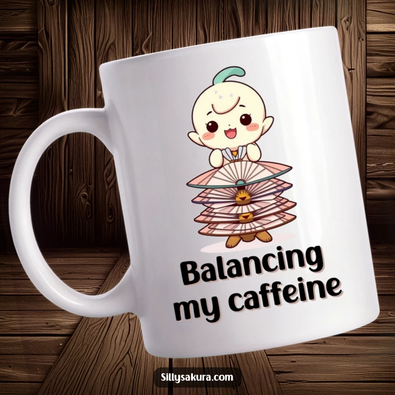 Funny mug with a happy character skillfully balancing a stack of small, decorative fans, showcasing playful elegance.