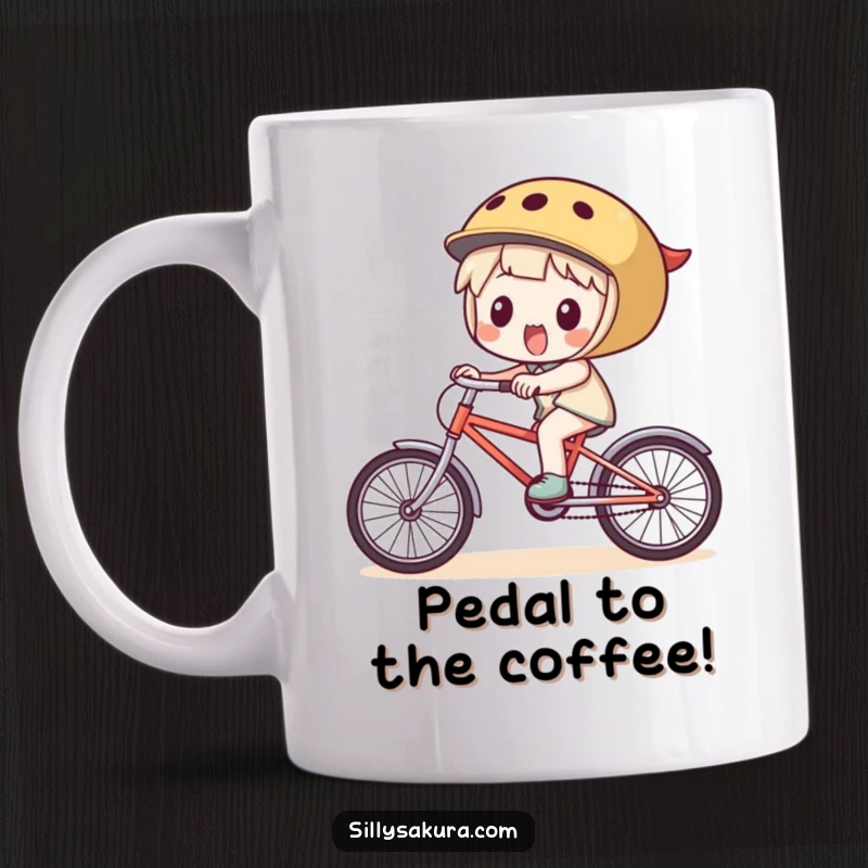 Funny Mug featuring a tiny, excited character joyfully pedaling a small bicycle, embodying pure, unadulterated fun.