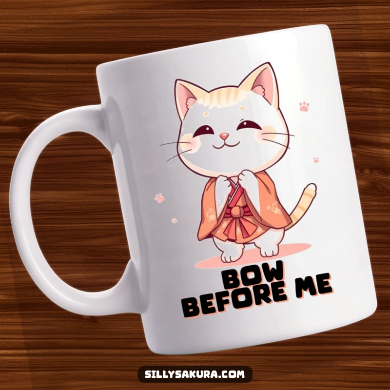 Funny cat mug featuring a cute character in a tiny kimono performing a playful bow, perfect for cat enthusiasts and lovers of charming animal designs.