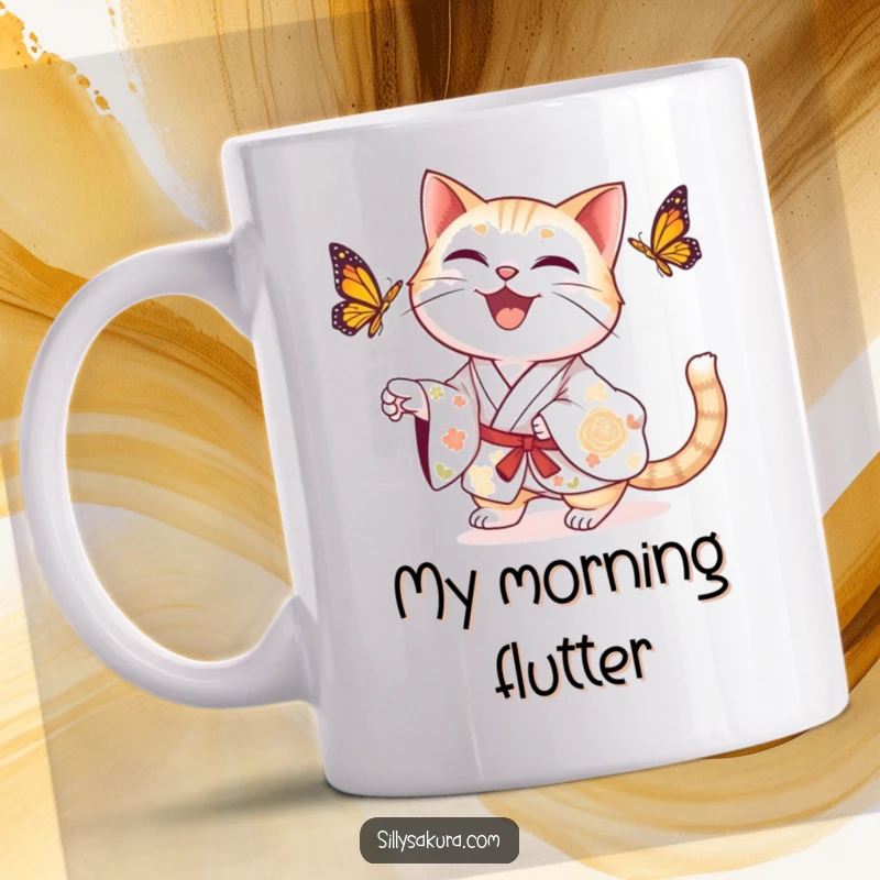 Funny delighted cat wearing a floral kimono, playfully chasing a butterfly on a fun mug.