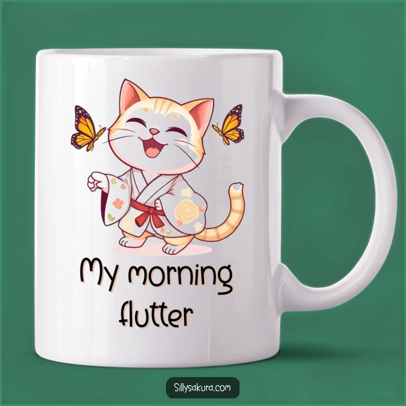 Funny Cat Kimono Mug: Delightful Butterfly Chase Gift for Cat Lovers