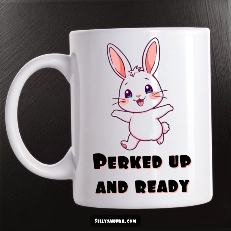 Funny Mug showcasing a cheerful rabbit character with perked ears, hopping with pure delight and radiating happiness.