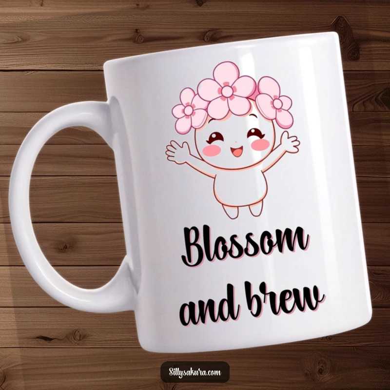 Funny cherry blossom mug featuring a smiling flower character with tiny arms cheerfully waving, perfect for spring enthusiasts and lovers of cute, happy designs.