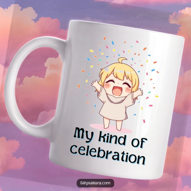 Funny Mug: Character gleefully throwing a shower of colorful confetti, symbolizing pure excitement and celebration.