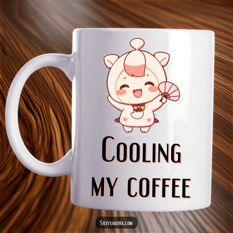 Funny mug shows a cute character with a bright smile happily waving a small fan to stay cool.