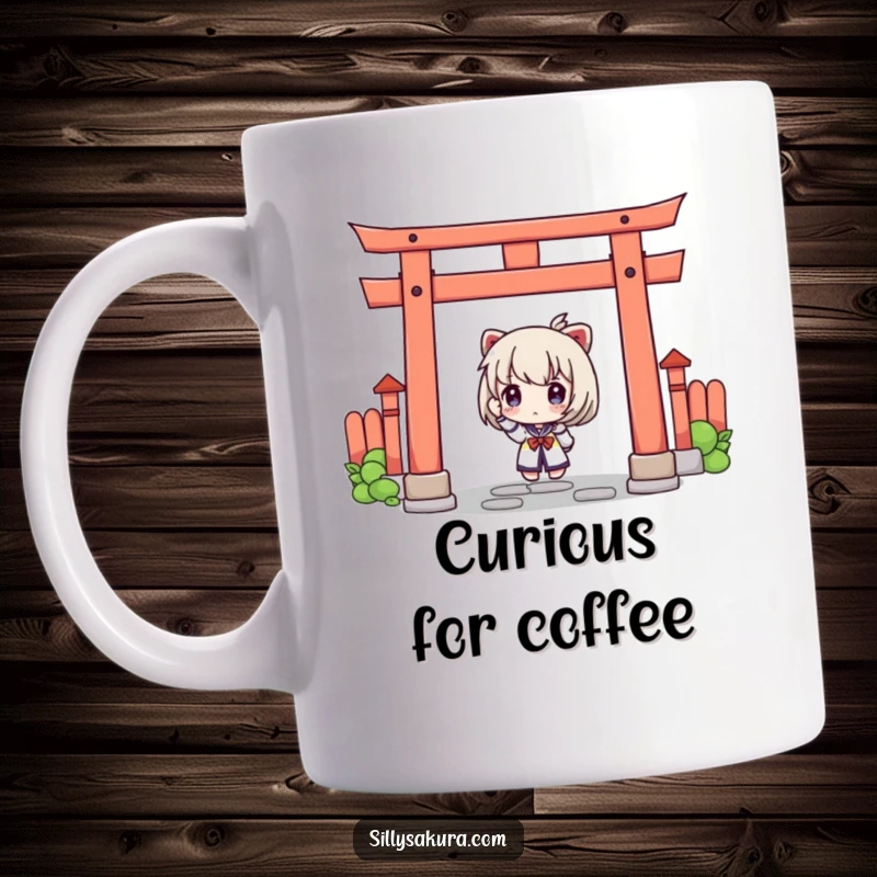 Funny mug featuring a curious character peeking from behind a traditional Japanese torii gate, evoking mystery and fun.