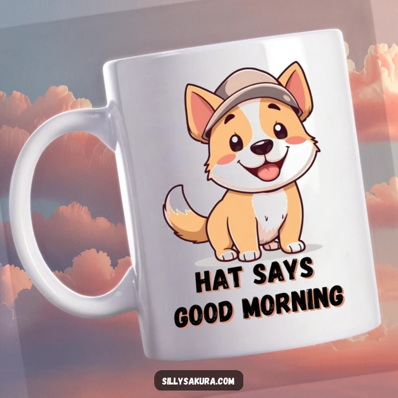 Funny Dog Mug featuring a smiling dog character wearing a hat and wagging its tail furiously, conveying pure happiness and excitement.