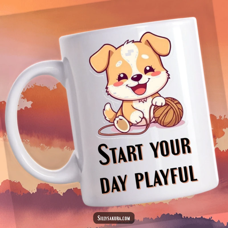 Funny Mug featuring a cute dog character with a joyful expression, happily playing with a colorful yarn ball, radiating pure delight.
