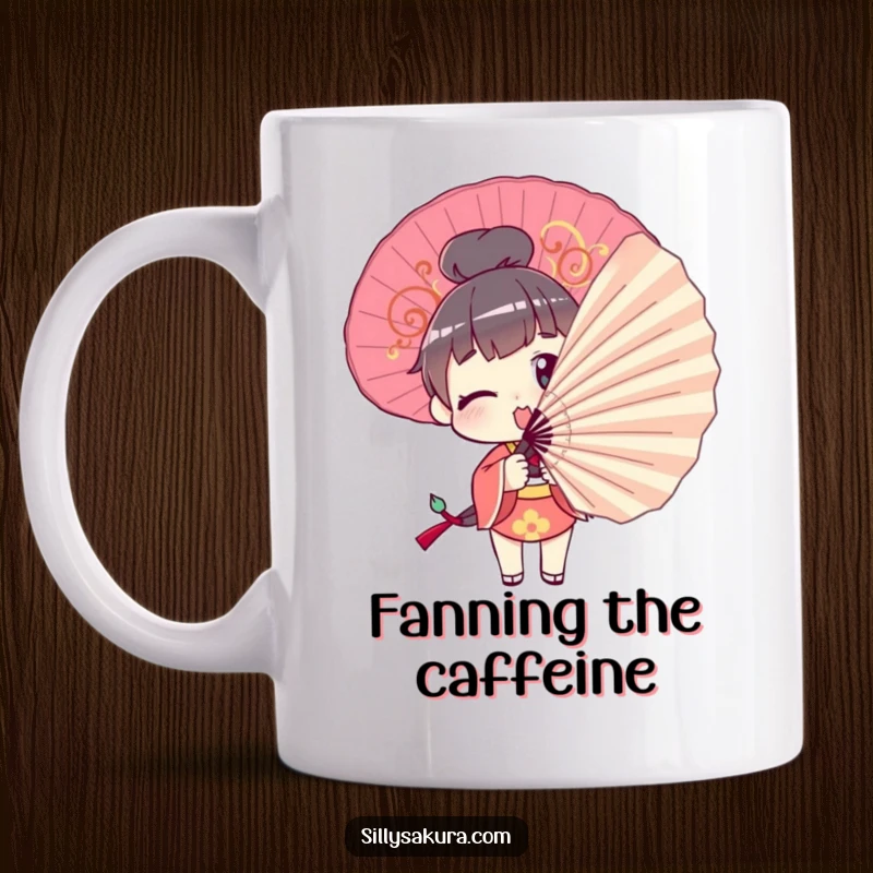 Funny Mug: A character comically struggles to pose gracefully with an oversized decorative fan, looking flustered.