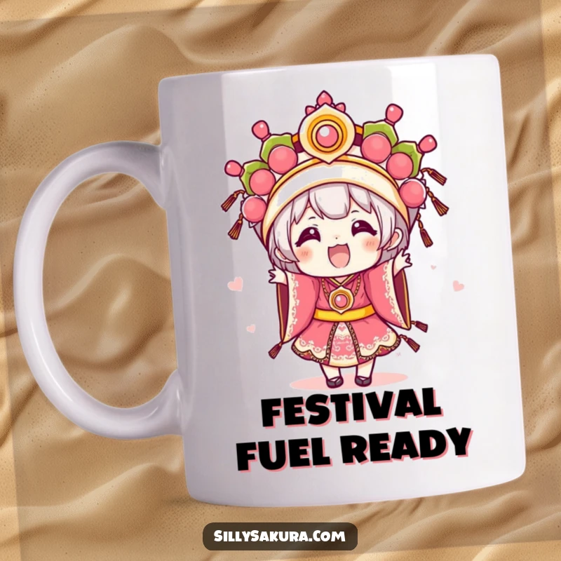 Funny Kawaii mug featuring an excited character dressed in elaborate festival attire, radiating joy and celebratory spirit.