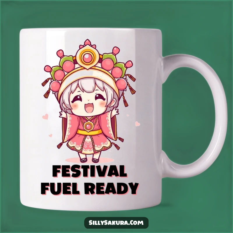 Funny Festival Kawaii Mug: Excited Character in Attire, Perfect Gift