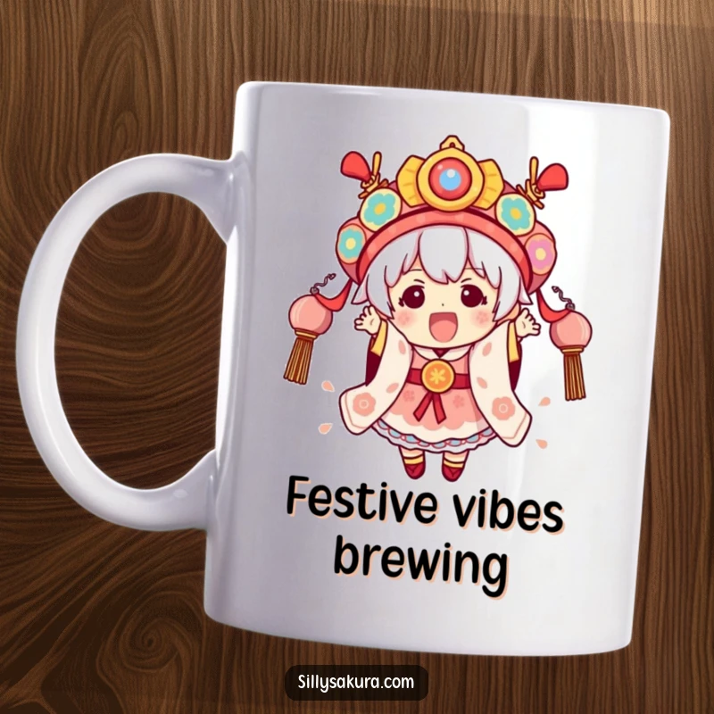 Funny Festival Kawaii Mug featuring a cute character excitedly wearing elaborate, colorful festival attire with enthusiasm.