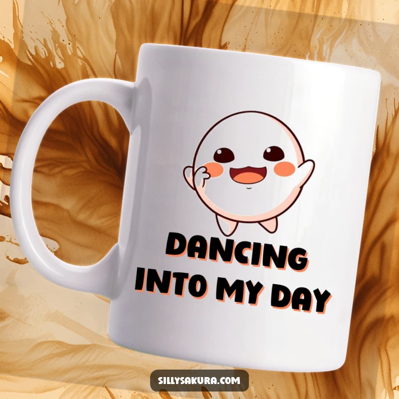 Funny Floating Daruma Mug featuring a Daruma doll character joyfully imitating a dynamic dancing pose while floating.