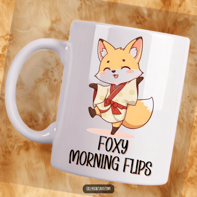 Funny mug featuring a spirited fox in a traditional kimono hilariously attempting a cartwheel with a grin.