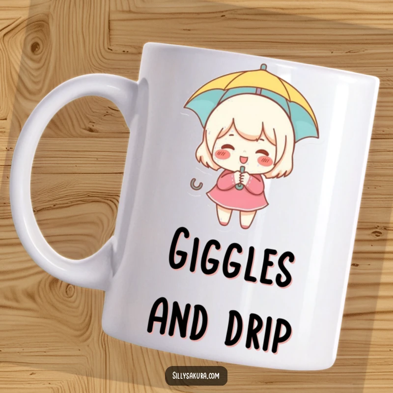 Funny mug shows a small character with rosy cheeks giggling gleefully while holding a tiny umbrella.