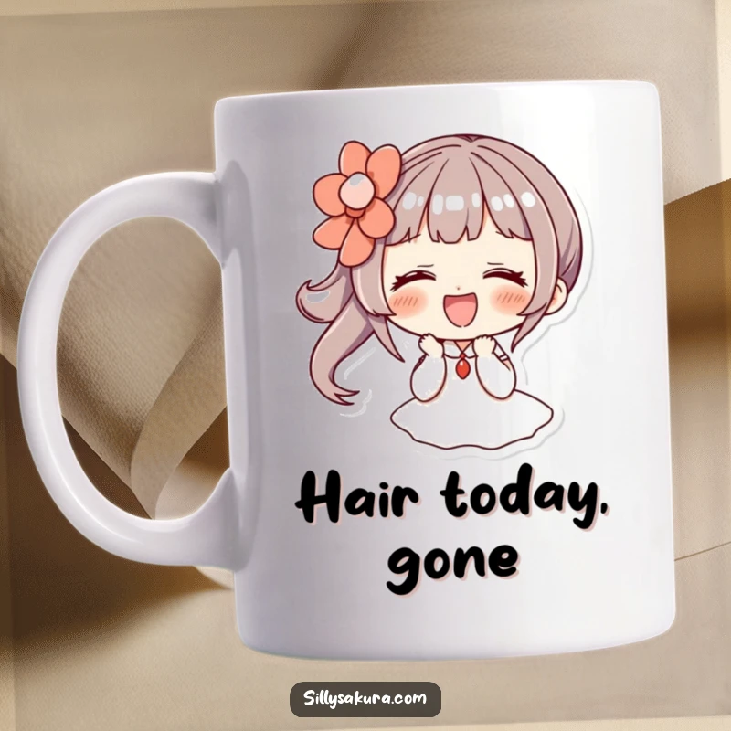 Funny mug: a character is giggling uncontrollably while adorning a large, eye-catching decorative hairpin, radiating pure joy.