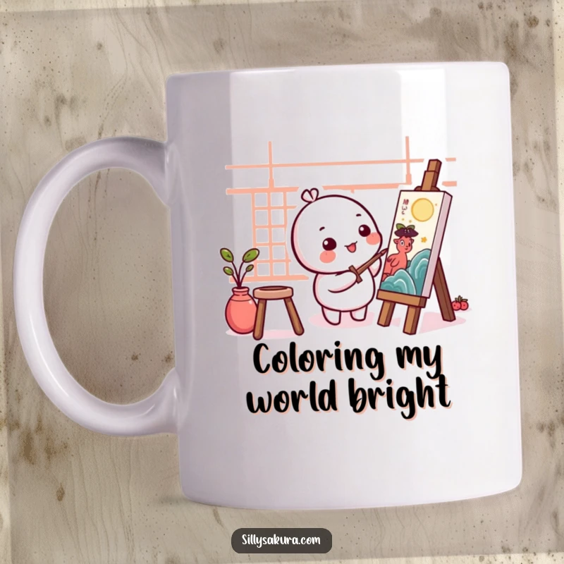 Funny Kawaii Artist Mug featuring a small, round character happily focused on painting a traditional artwork with care.