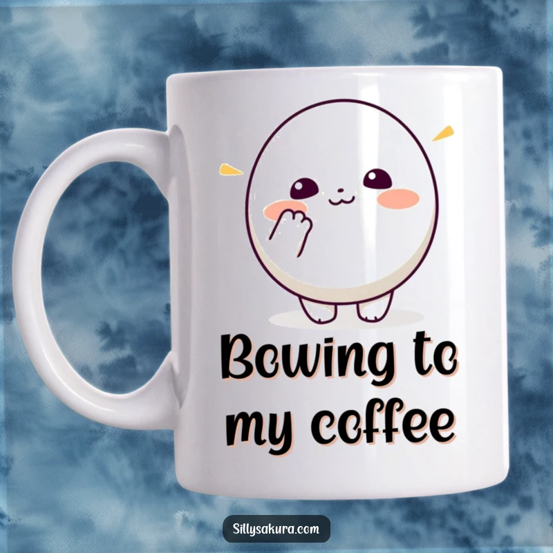 Funny Kawaii Mug. A small, round cute character enthusiastically mimics a bowing gesture, showing respect and humor.