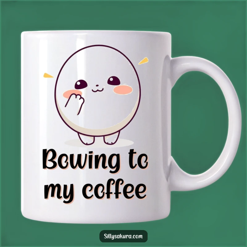 Funny Kawaii Bowing Mug: Cute Round Character's Enthusiastic Greeting, Ideal Gift