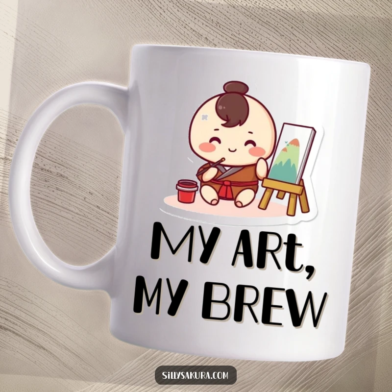 Funny Kawaii mug featuring a small, round character happily painting a traditional artwork with a brush, embodying artistic focus.