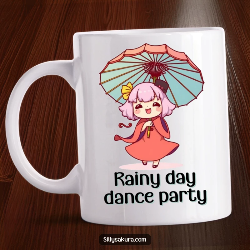 Funny Kawaii mug featuring a cute character joyfully twirling a large, ornate umbrella, radiating happiness and artistic flair.