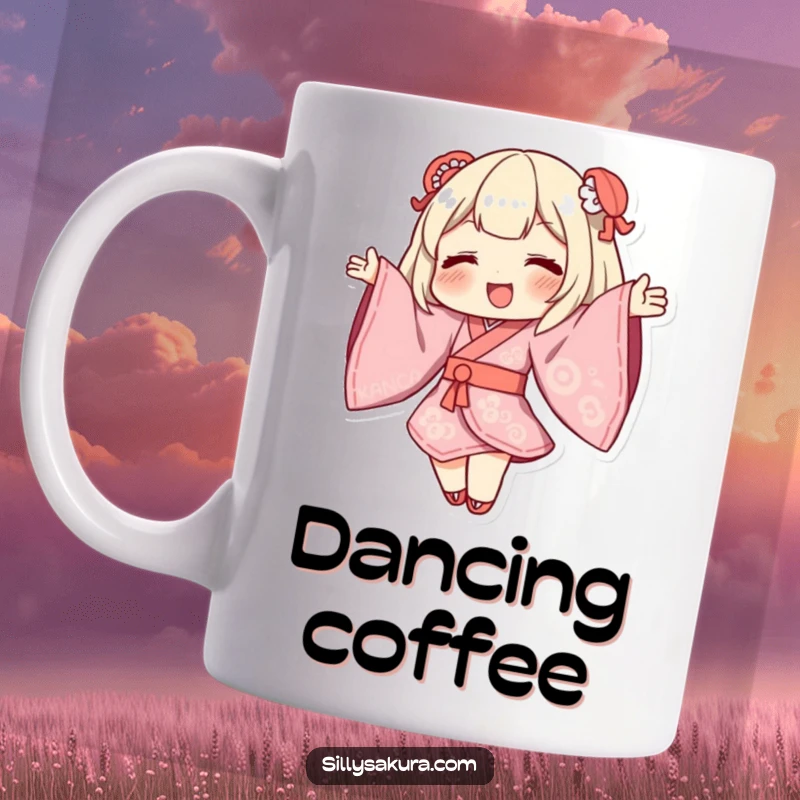 Funny Kimono character mug with fabric sleeves billowing dramatically as the character dances.