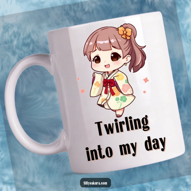 Funny Mug: A character joyfully dressed in a playful kimono is captured mid-twirl, exuding happiness and elegance.