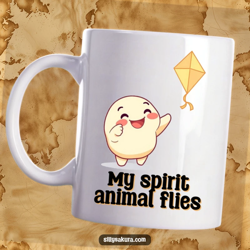 Funny mug featuring a grinning character enthusiastically pointing at a dancing paper kite, celebrating fun, freedom, and playful moments.