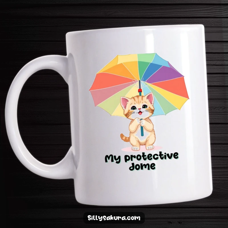 Funny mug featuring a happy kitten curiously exploring a giant, colorful paper umbrella, embodying whimsical adventure and feline charm.