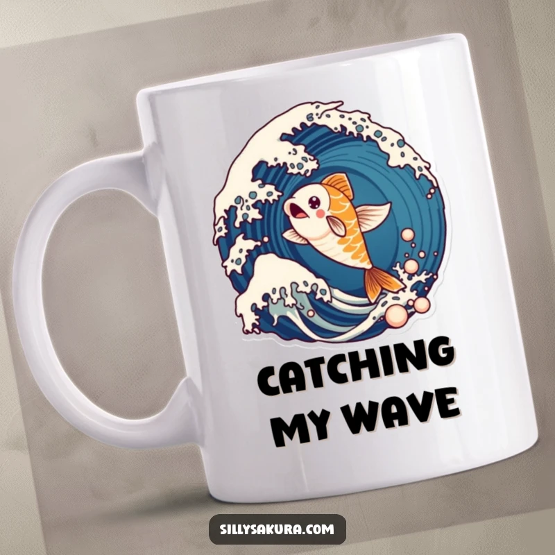 Funny mug depicting a lively koi fish character energetically leaping out of a stylized, dynamic wave.